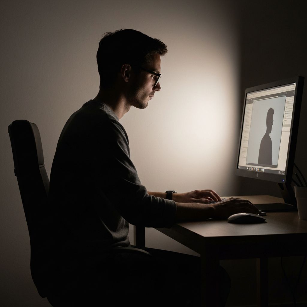 Számítógép monitora előtt dolgozó személy sziluettje hátulról, az éles monitor fénye kontrasztba kerül a sötét, homályos háttérrel, amelynek a digitális képernyők és a szemfáradtság témáját szimbolizálja
