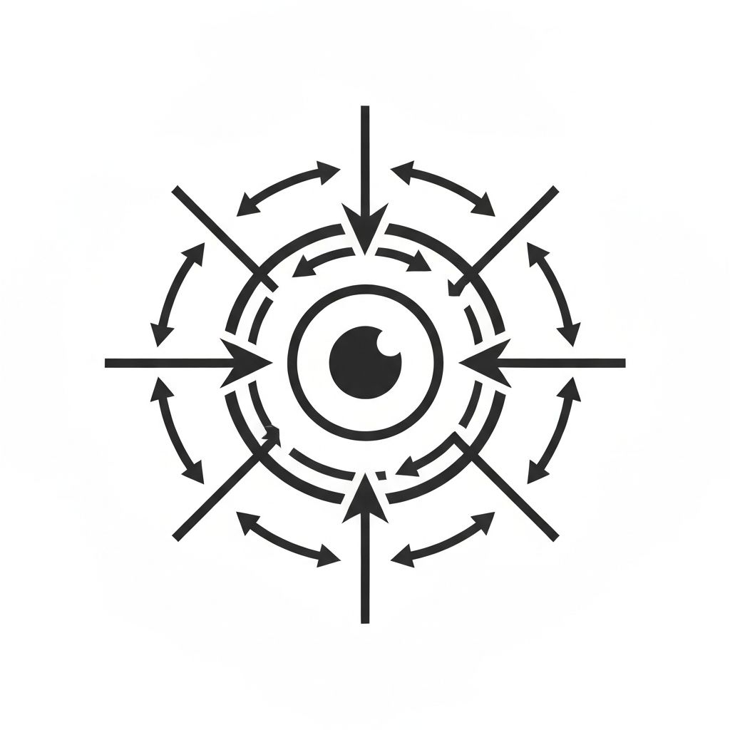 Stilizált szem körvonala, amelyből nyilak indulnak ki a nyolc fő irányba, szemléltetva a szemgolyó körkörös, irányított mozgásának mintáját egyszerű, grafikus ábrán